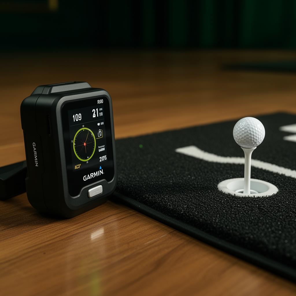 pro-grade launch monitor and premium hitting mat detail shot
